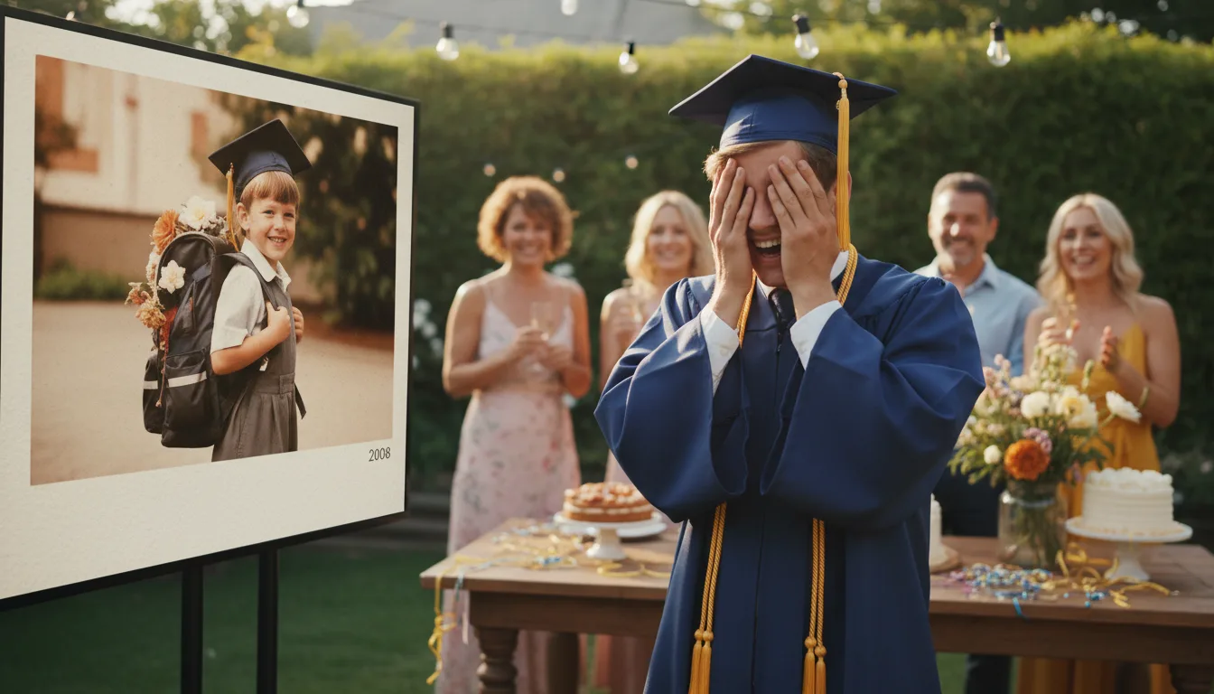 Graduate's journey from first school day to cap and gown shown as an animated video