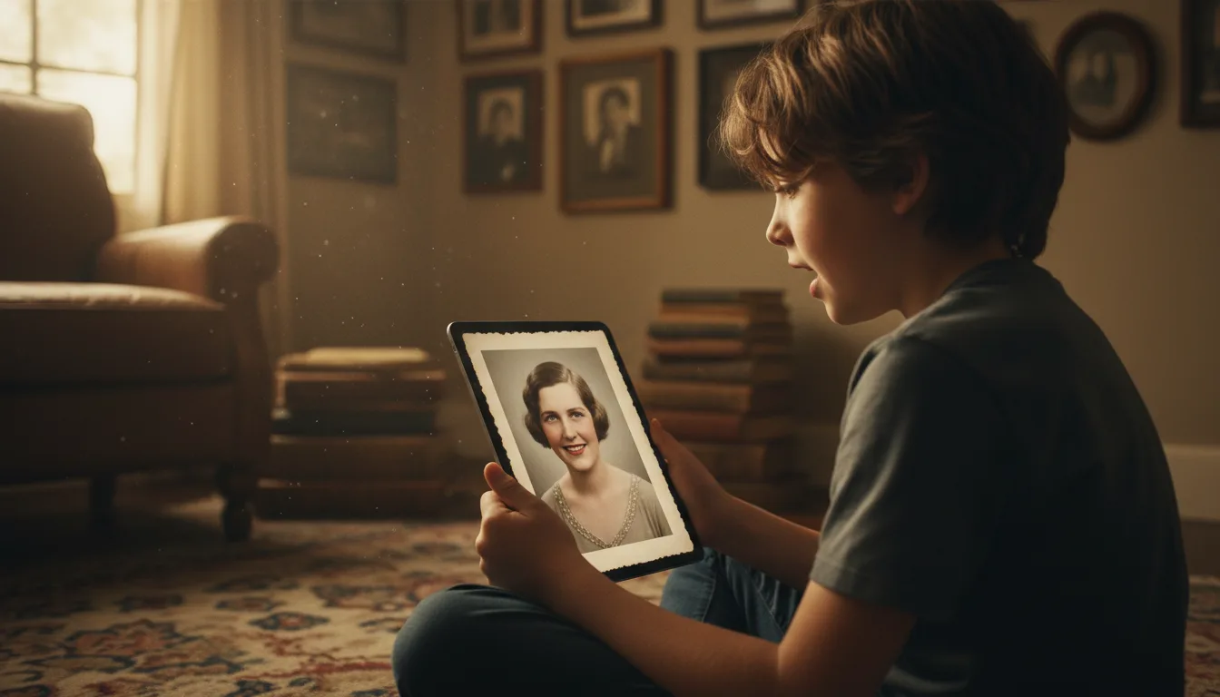 Child watching an animated photograph of an ancestor on a tablet, eyes wide