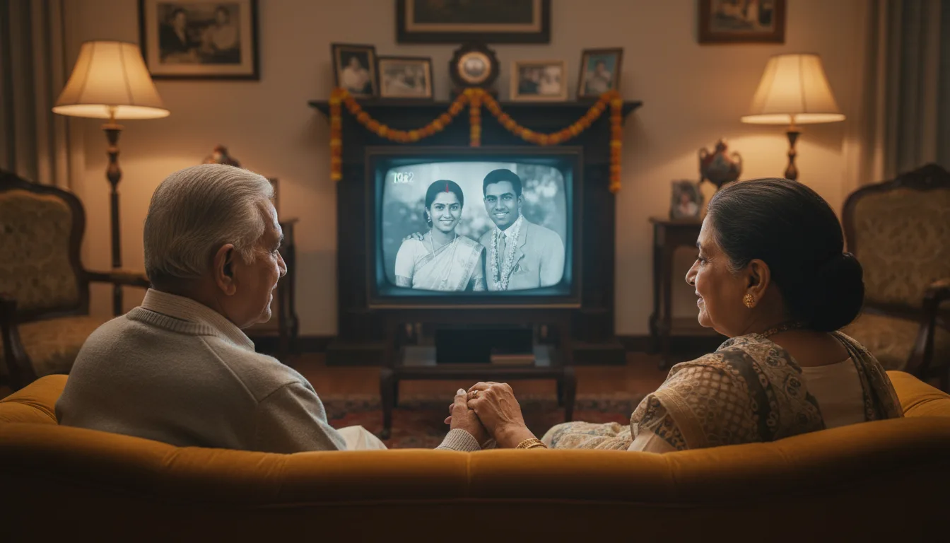 Elderly couple watching their own restored wedding photos animated on a screen