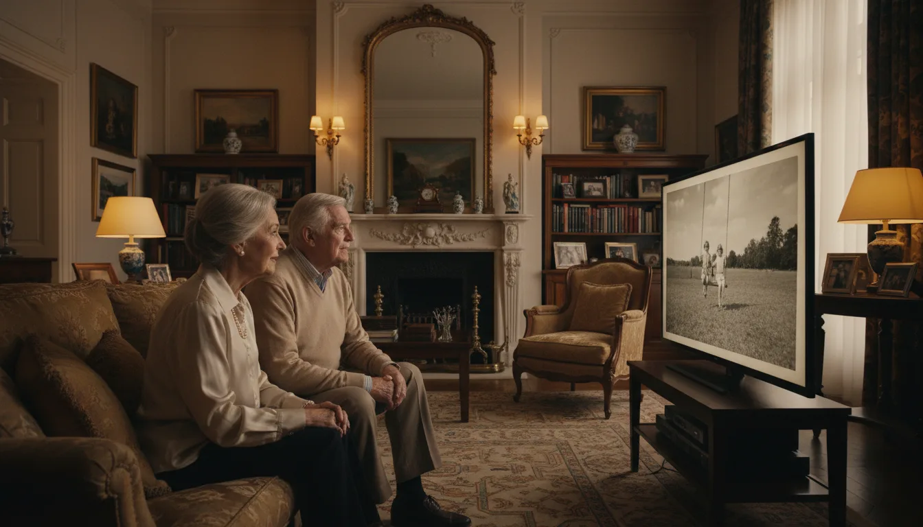 Well-appointed living room where a couple watches their own old photos animated on the TV