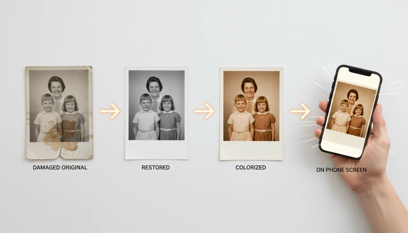 Step-by-step visual of an old photo being prepared and animated into a living clip