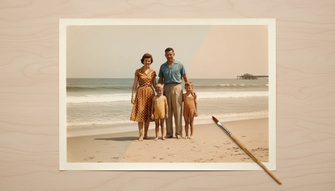 Black-and-white photo half-transformed into natural color, mid-colorization