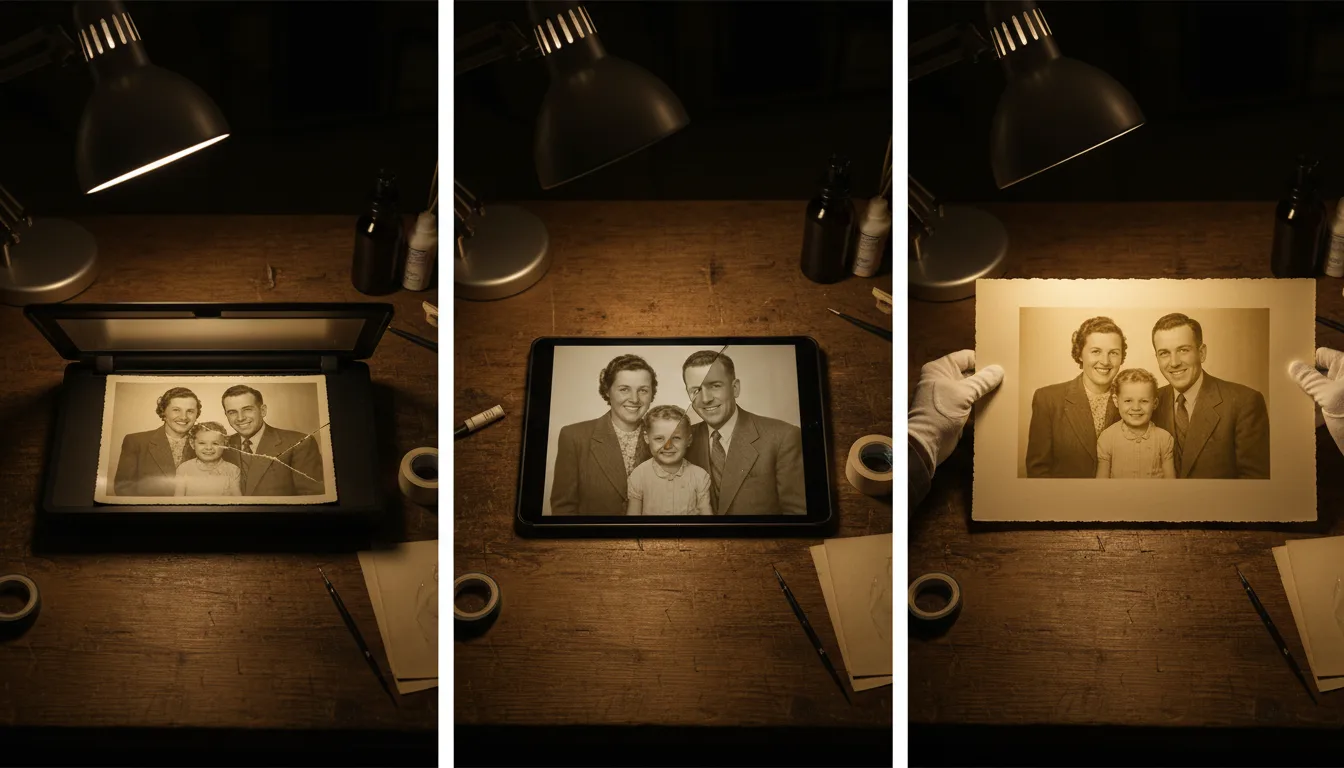 Damaged print progressing through scan, repair, and color stages to full restoration