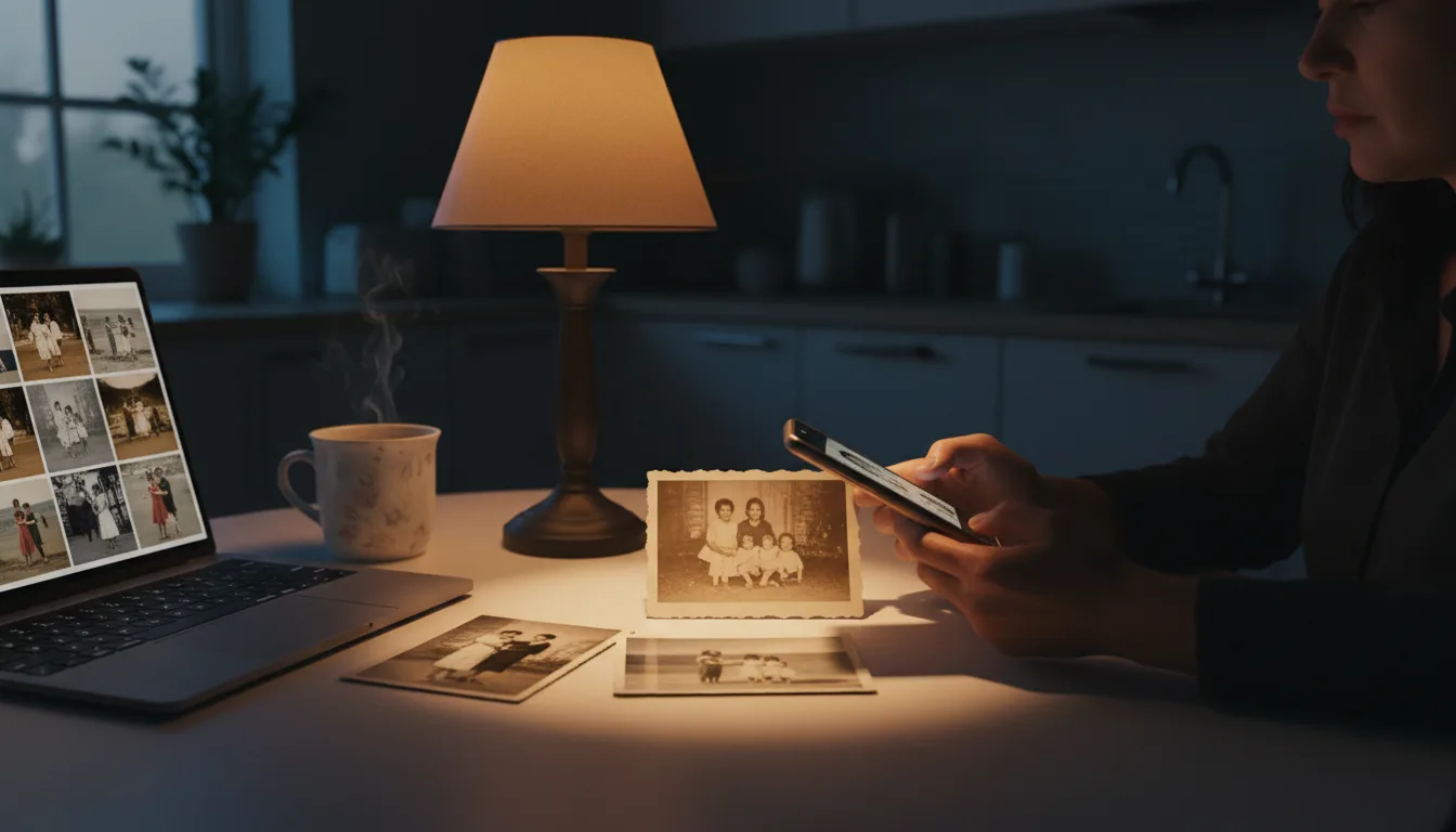 Phone at night showing a memory video being assembled from family photos