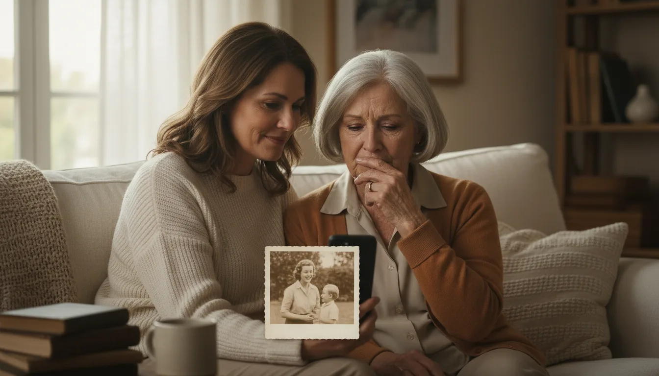 Adult daughter showing an animated memory video to her elderly mother on a phone