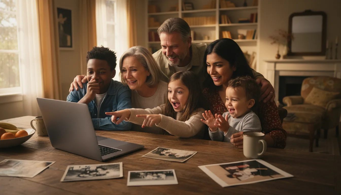 Family gathered around a laptop at a celebration watching a memory video
