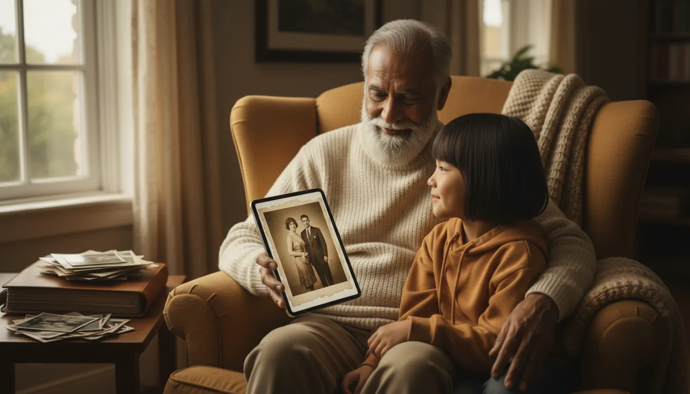 Grandfather and grandchild watching an animated old photo together on a tablet