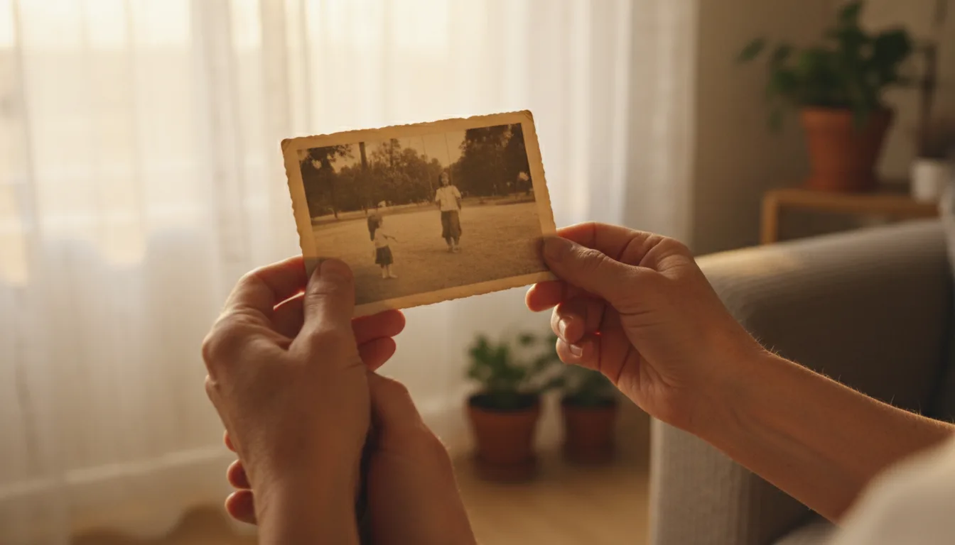 Hands holding an old photograph in warm window light