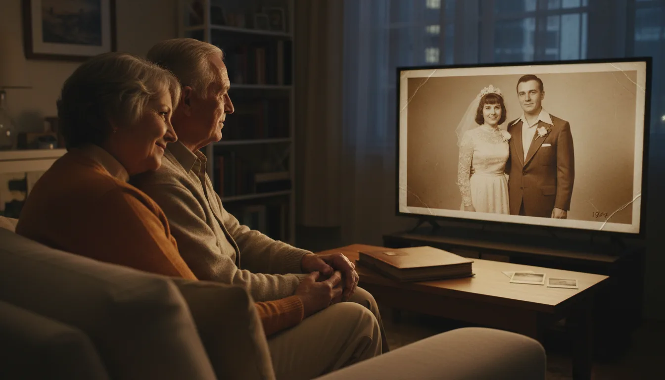 Older couple watching their restored wedding video together, moved