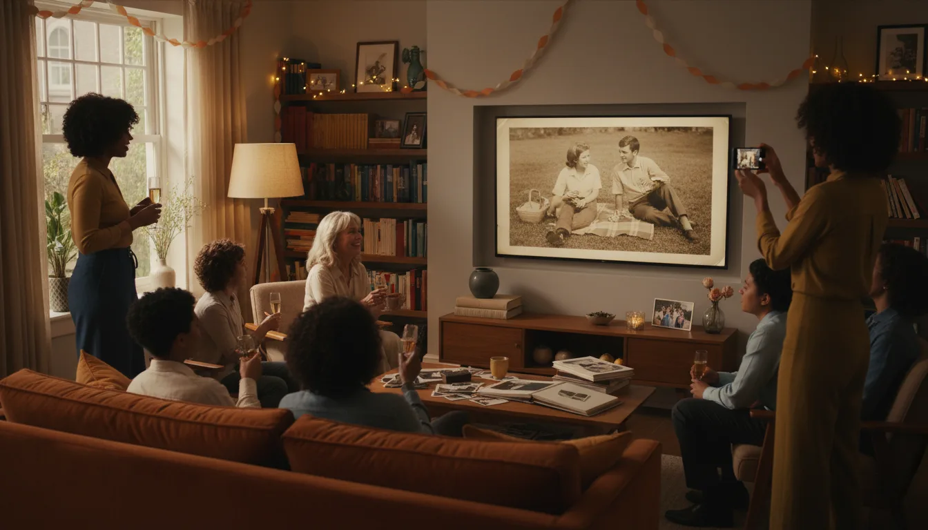 Birthday party guests watching a photo video on a living room TV