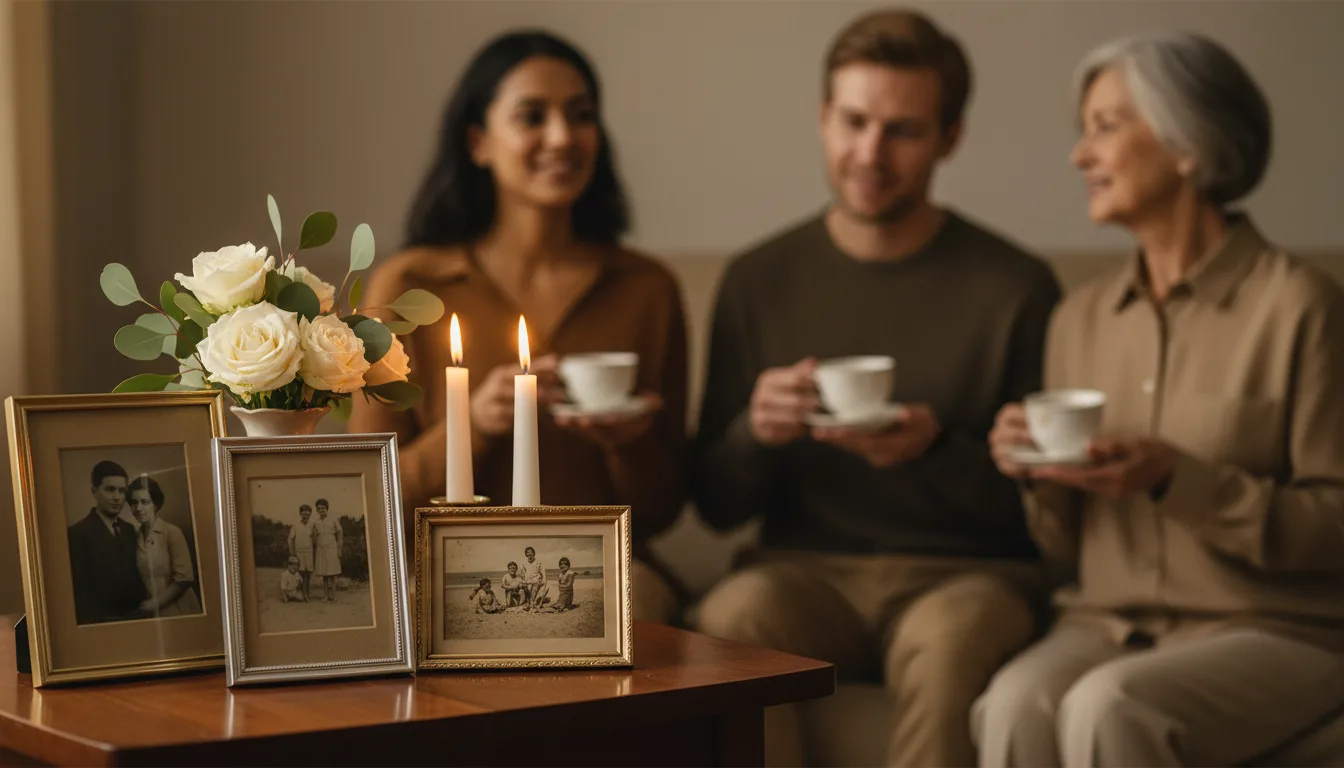 Quiet living room gathering with candles and family photos on display