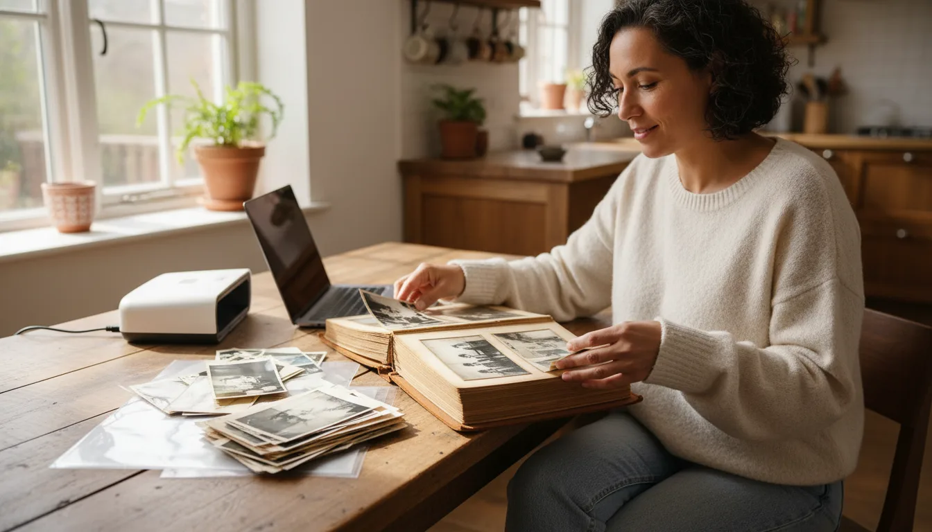 Person scanning an old photo album at a kitchen table