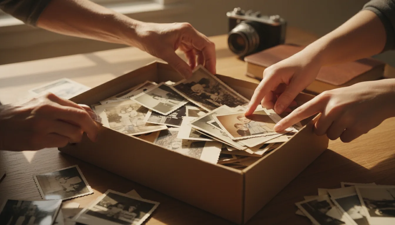 Hands sorting a shoebox of old family prints into piles