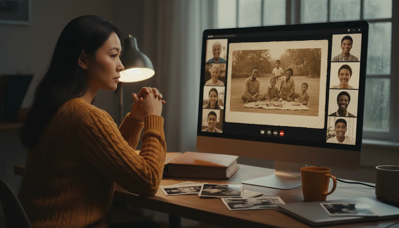 Person sharing their screen on a video call to show family an animated photo video