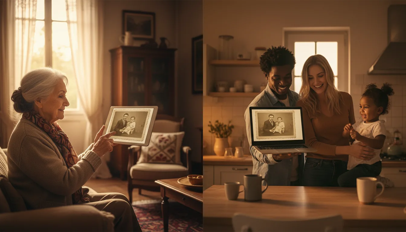Video call where family members in two countries watch the same animated memory video