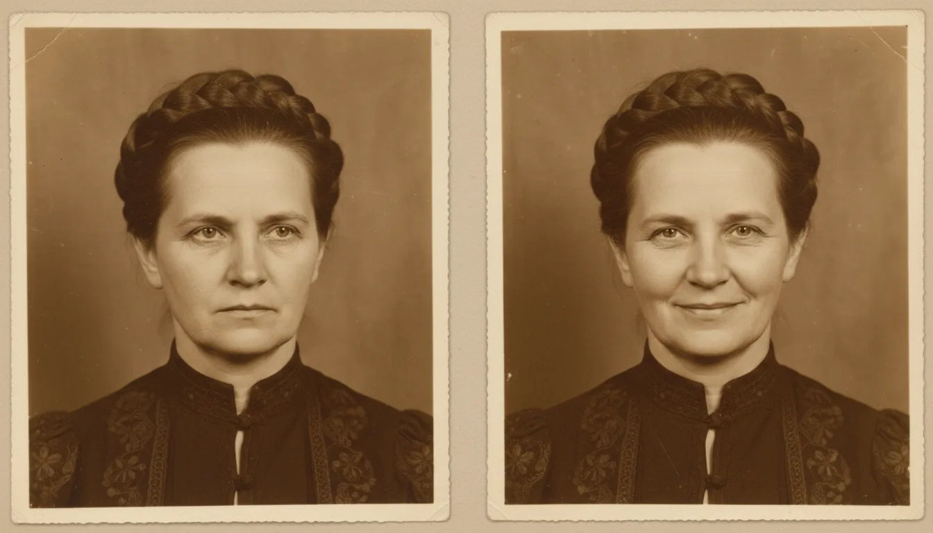 Serious vintage portrait beginning to soften into a gentle, natural smile