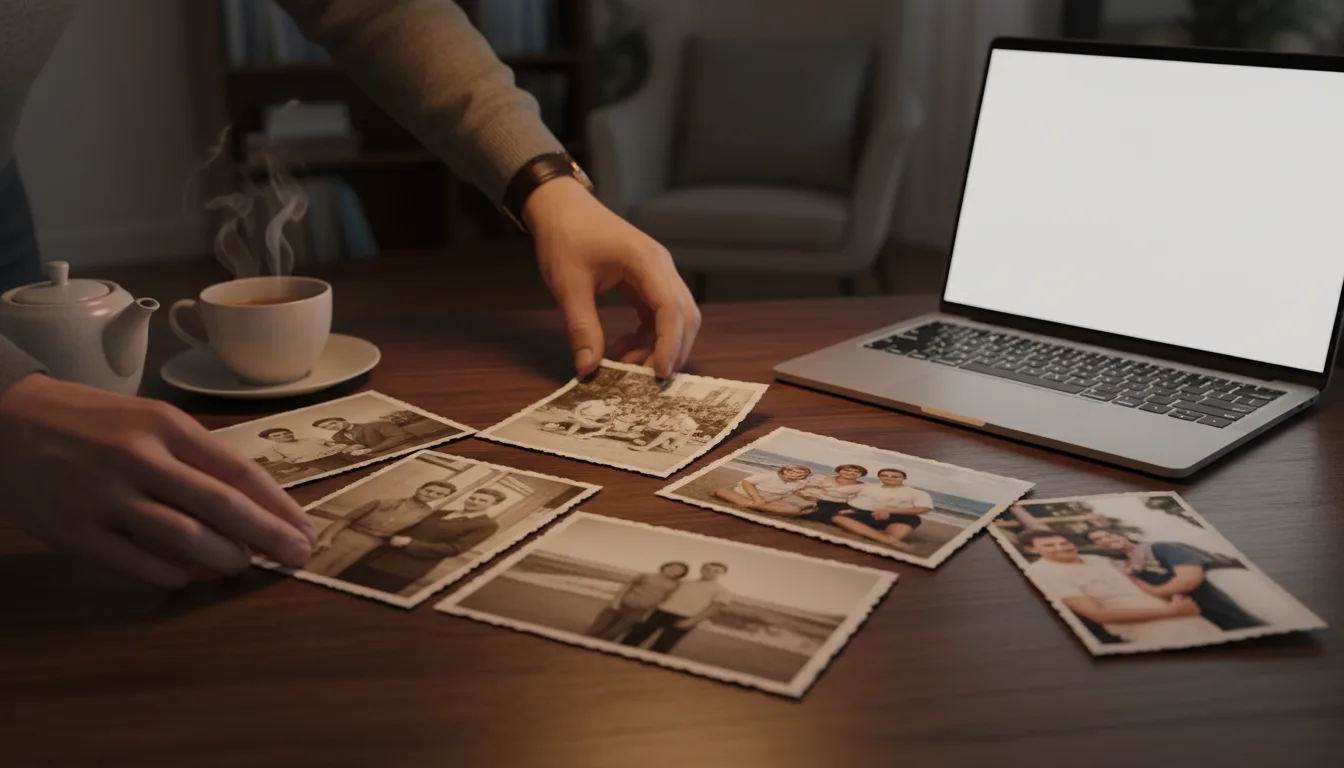 Photos being arranged in story order on a table before becoming a memory video