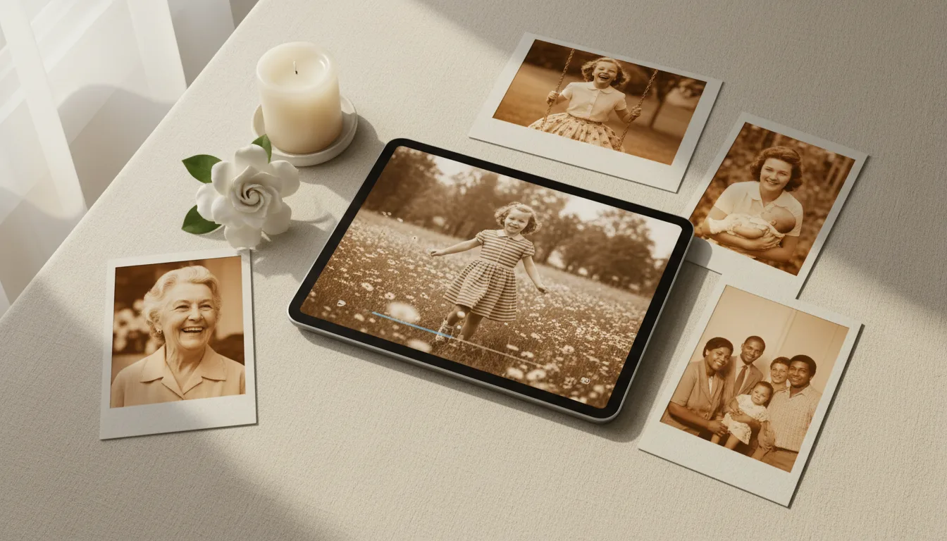 Restored photographs of a loved one arranged gently around a softly lit screen
