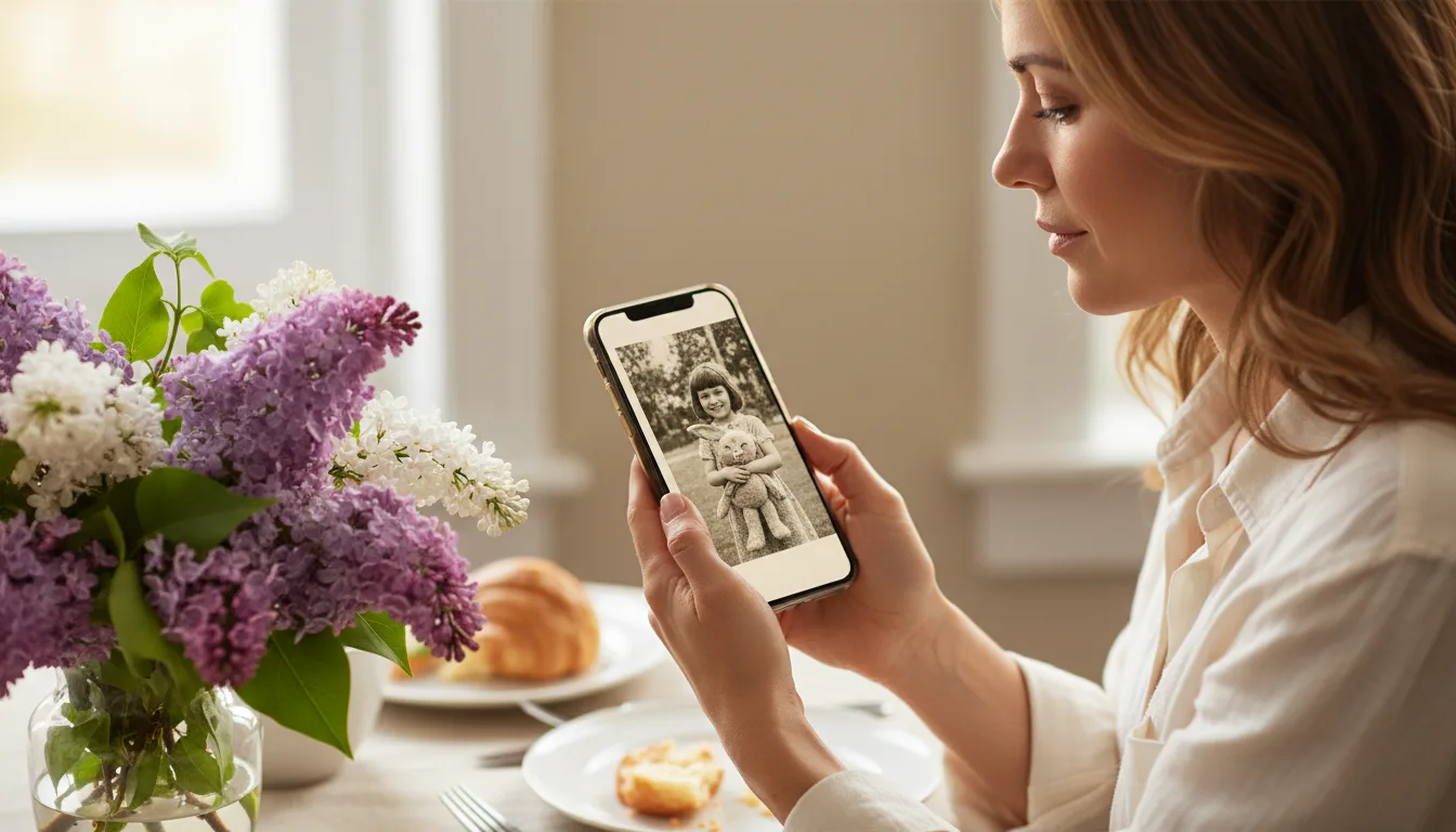 Mother on Mother's Day watching an animated video of her family photos, flowers beside her