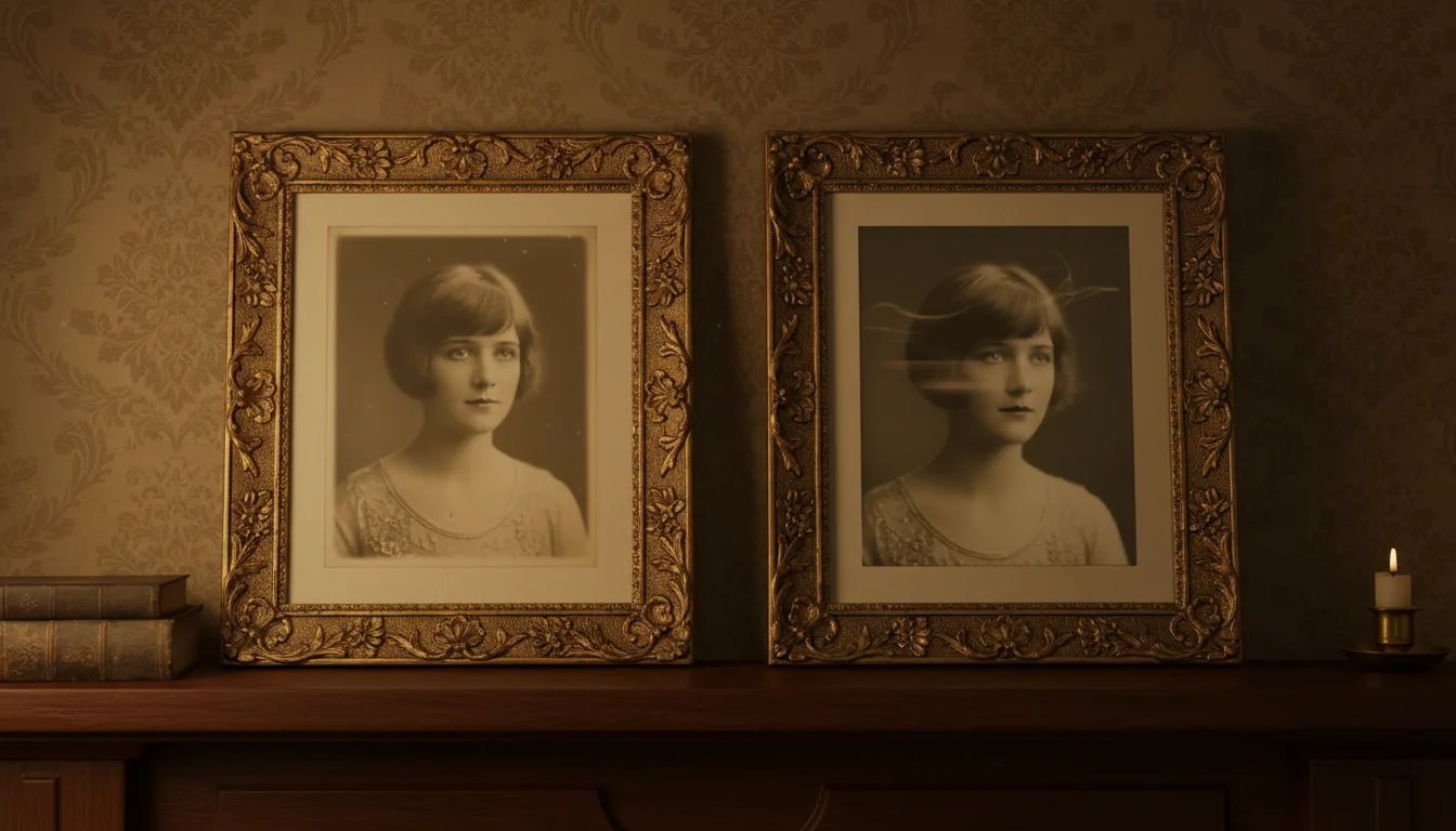 Framed still portrait beside the same portrait as a subtly moving photo
