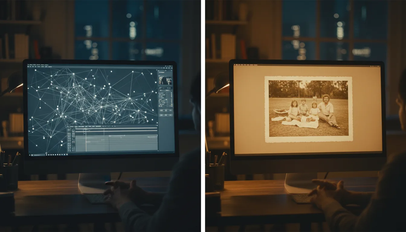 Complex video editing timeline crossed out beside a simple one-click photo animation