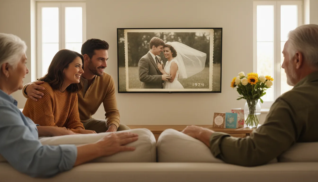 Restored 1970s wedding photo of a couple, animated, watched by their adult children