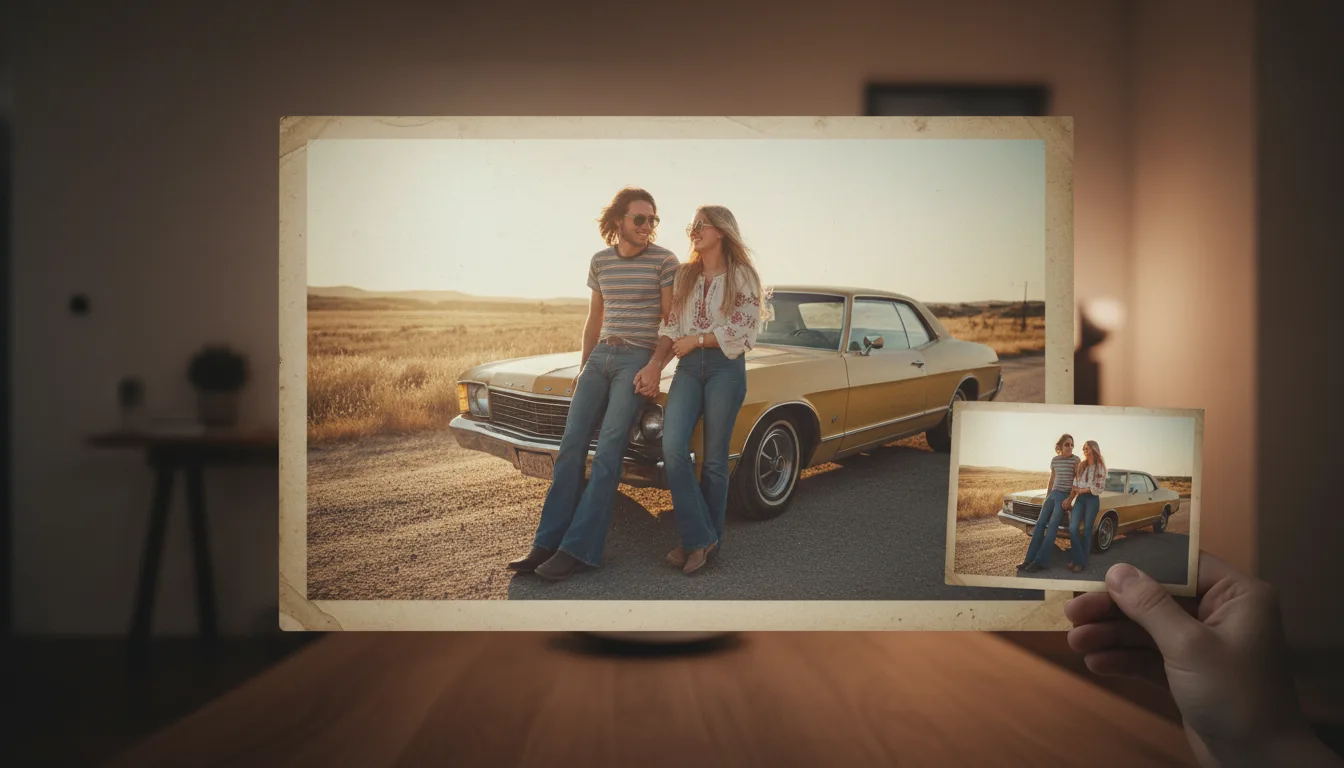 1970s photo of a young couple — the viewer's parents — restored and gently animated