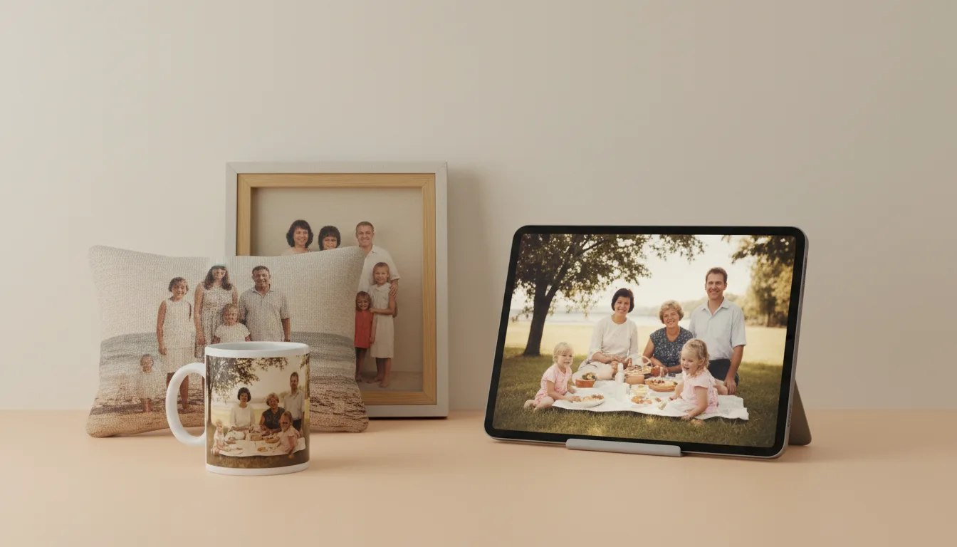 Animated photo video playing on a tablet beside traditional printed photo gifts