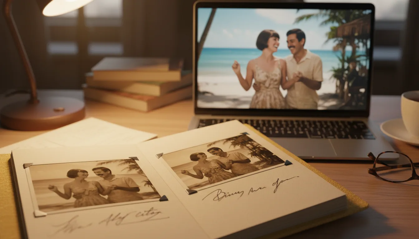 Open vintage photo album beside a screen playing the album as an animated video