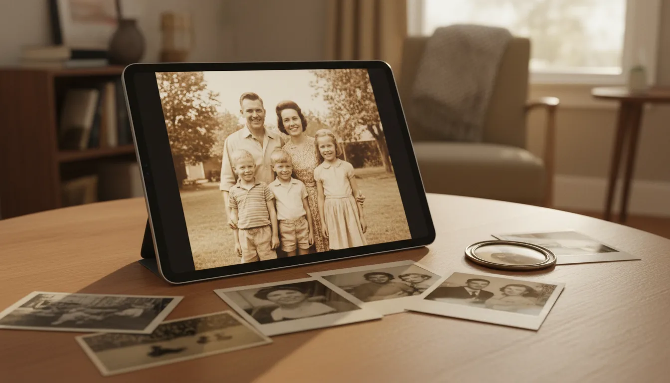 Restored old family photograph beginning to move as an animated video clip