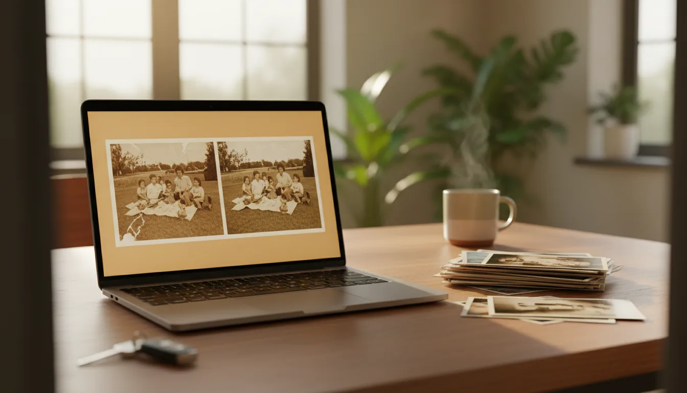 Old photo being restored at home on a laptop, originals safely on the table