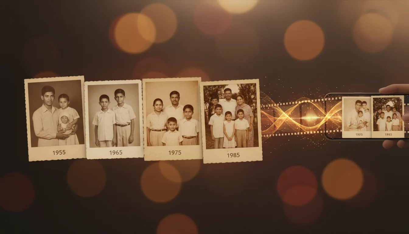 Row of old photographs becoming short video clips joined into one film
