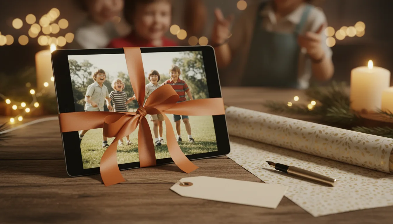 Tablet playing an animated photo memory video, wrapped with a ribbon as a gift