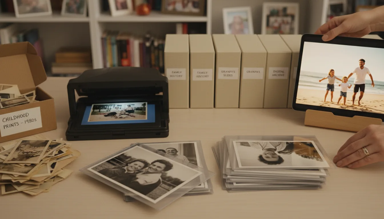 Old family photos being organized beside a screen showing a preserved memory video