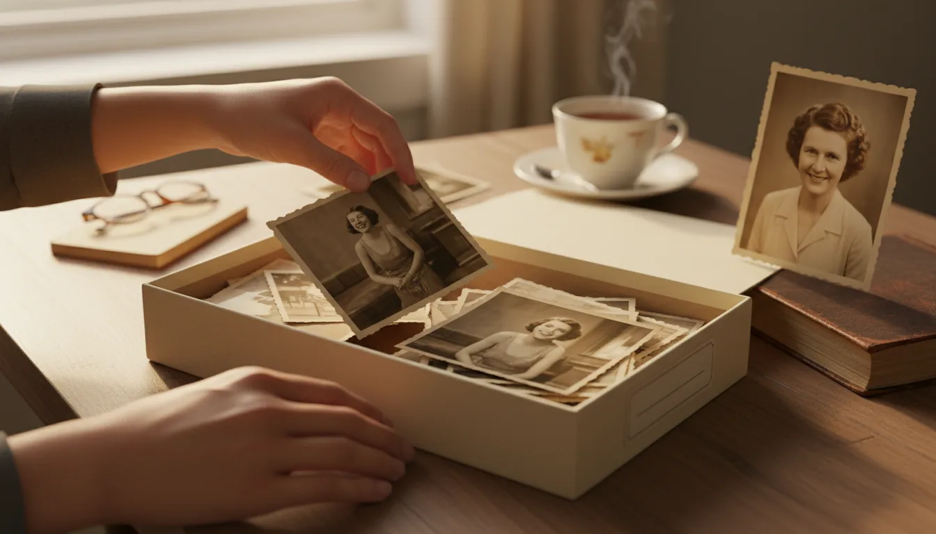 Small collection of a loved one's photographs being carefully sorted in soft light