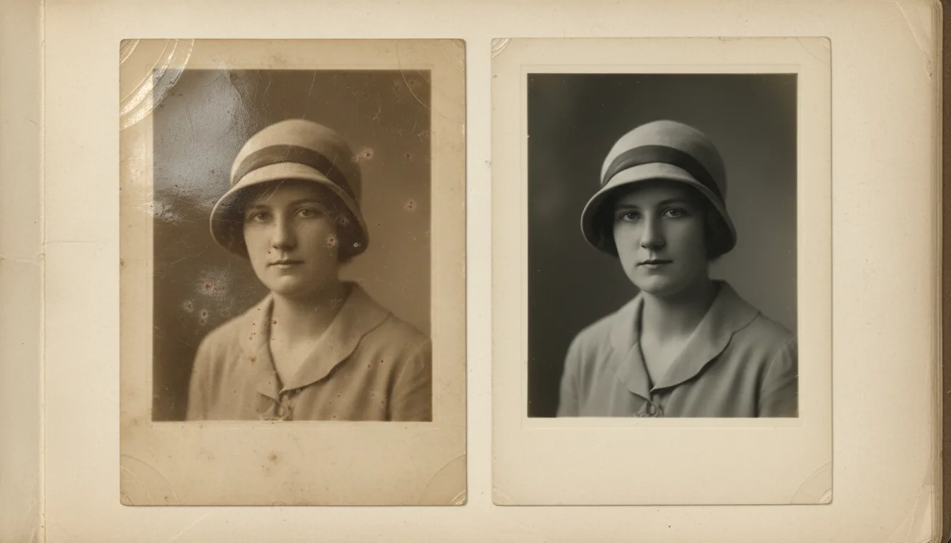 Spotted, faded black-and-white portrait restored to clean monochrome