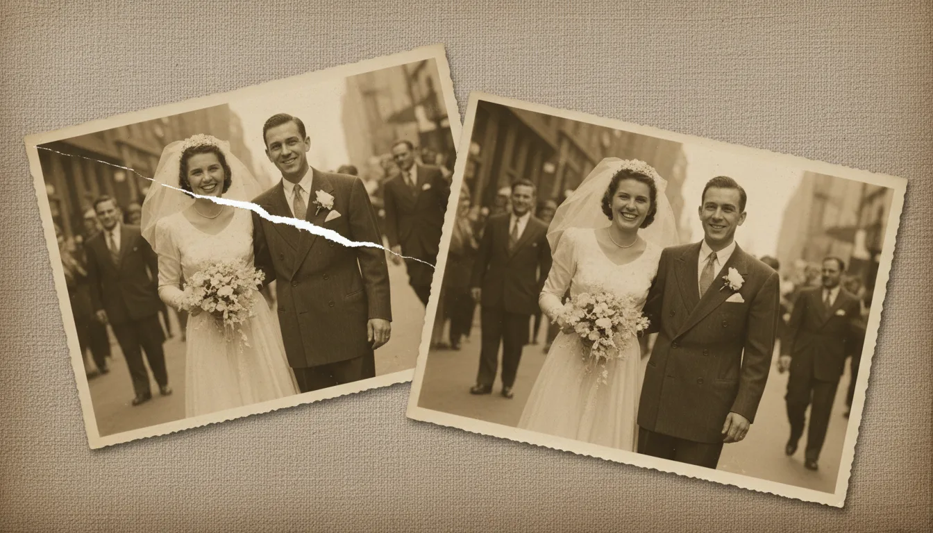 Cracked and creased old photograph rebuilt into a seamless restored image