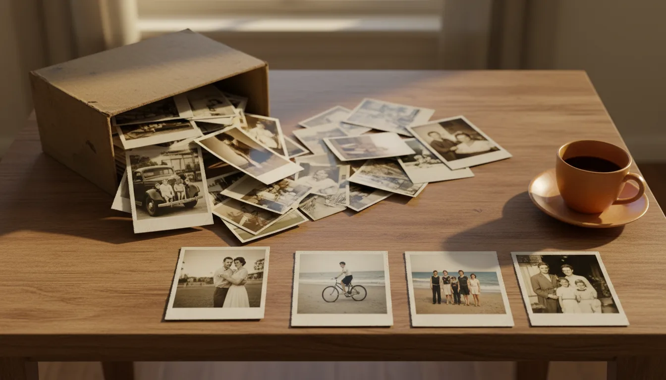 Shoebox of old family prints spread on a table, several already restored