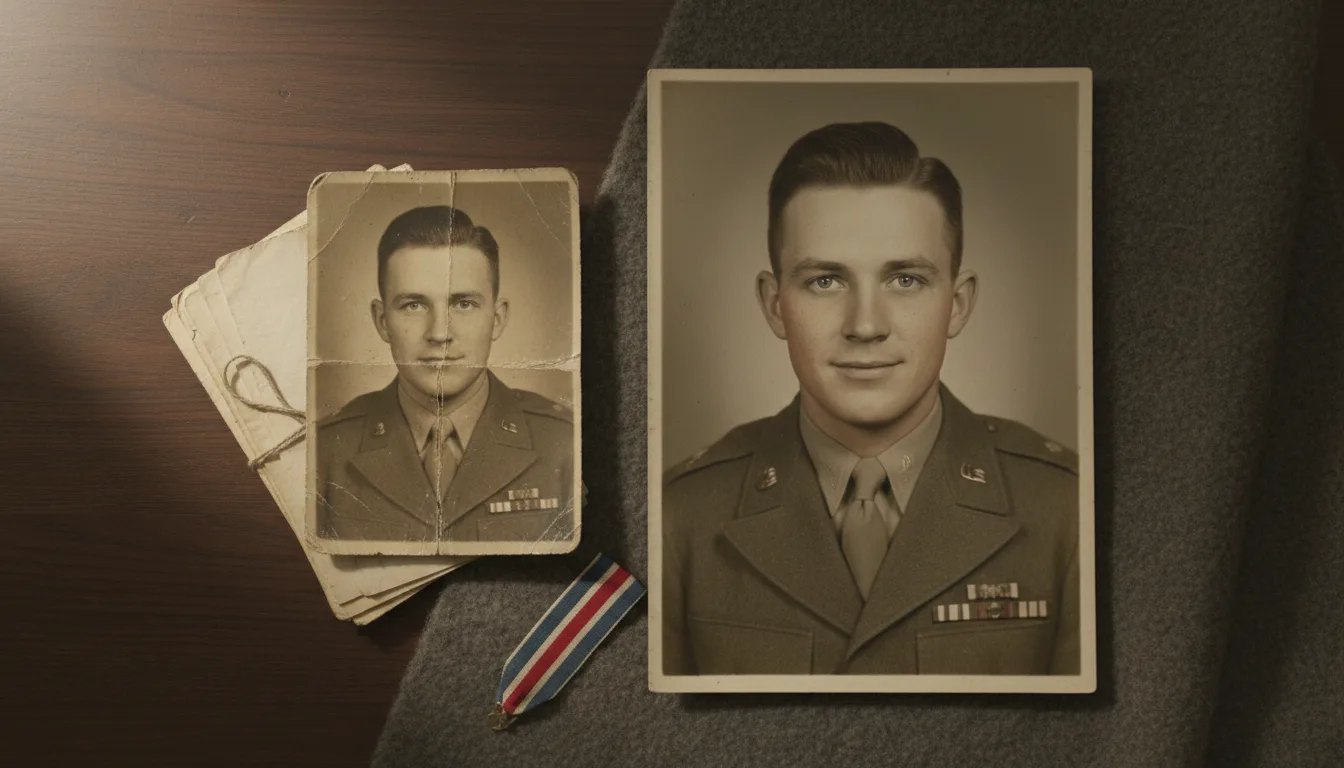 Faded WWII-era service portrait restored to clear detail, uniform crisp