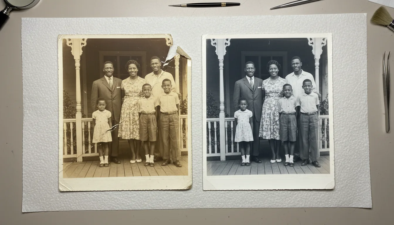 Damaged old family print beside its fully restored version