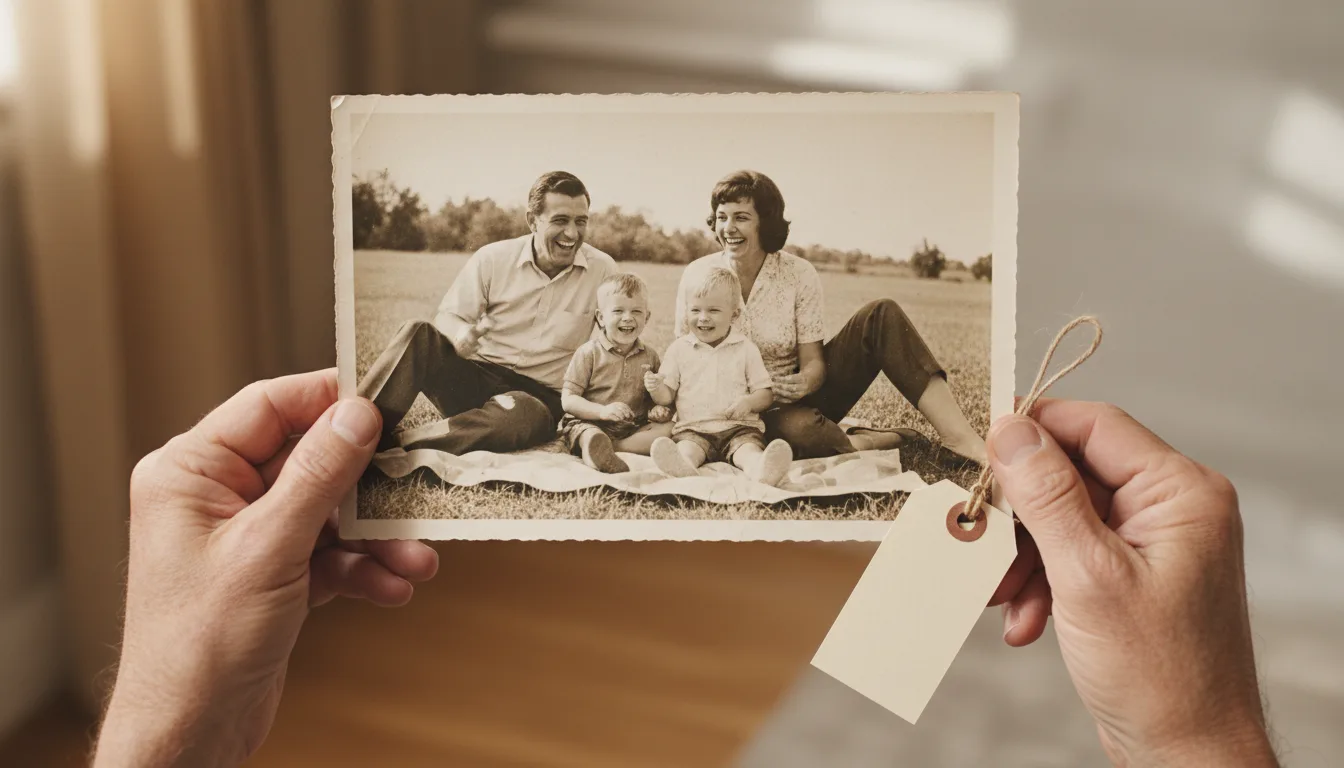 Damaged old photo restored at no cost, price tag showing zero