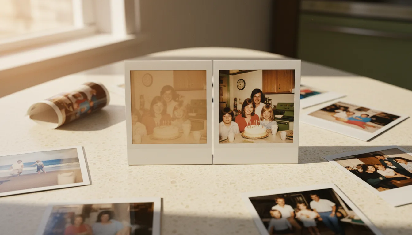 Yellow-faded Polaroid photo restored to bright, natural 1970s color