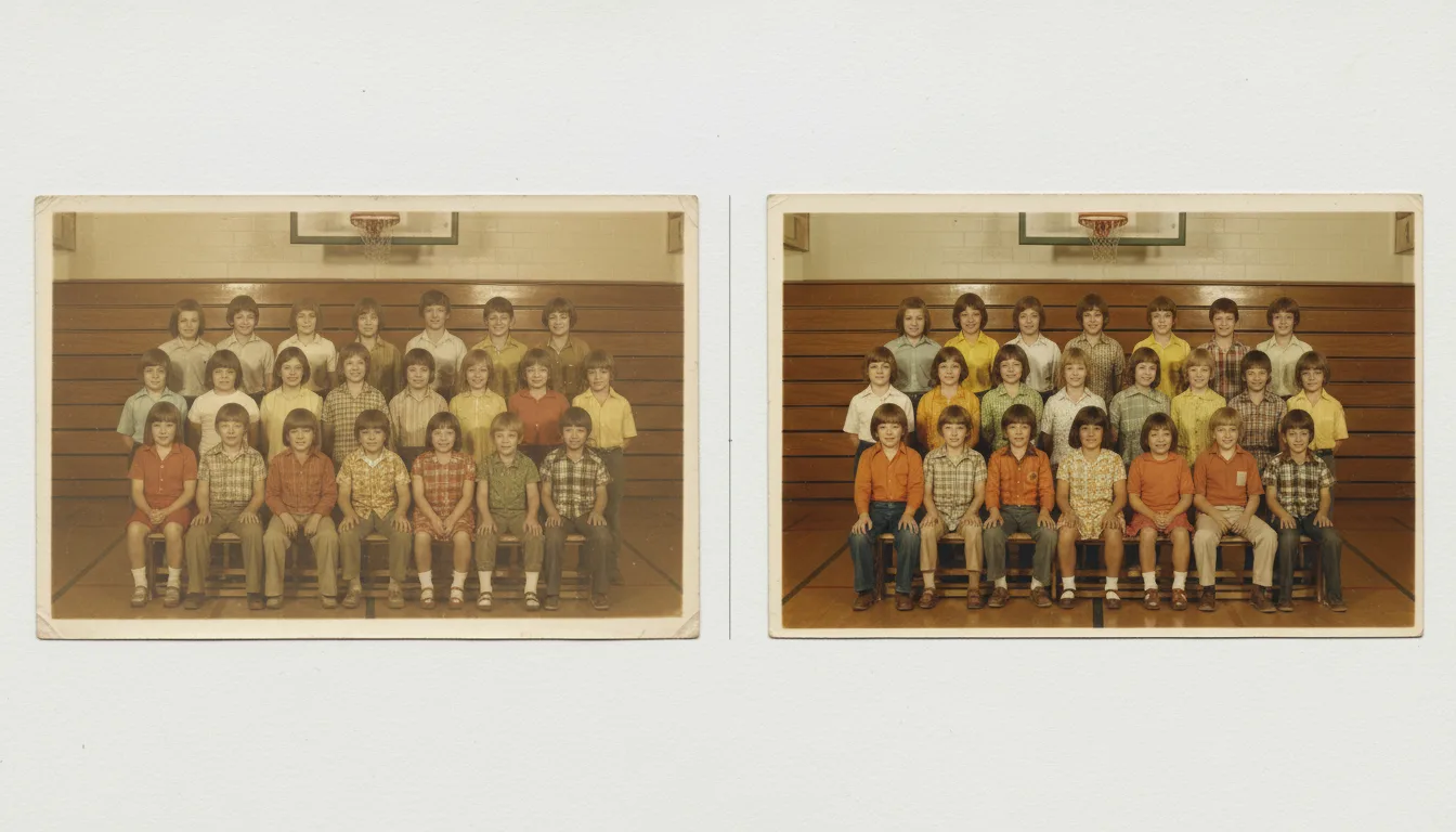 Faded class portrait from the 1970s restored to clear faces and true color
