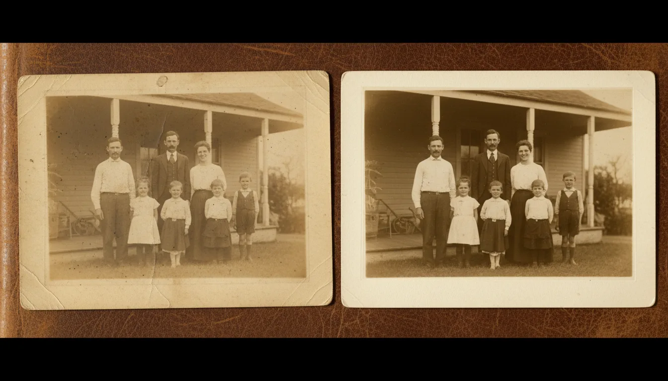 Faded sepia family photograph restored to even, warm tones