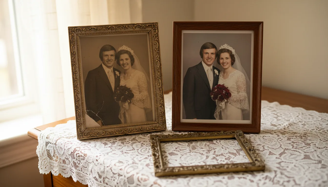Creased, faded wedding photograph restored to clean detail and tone