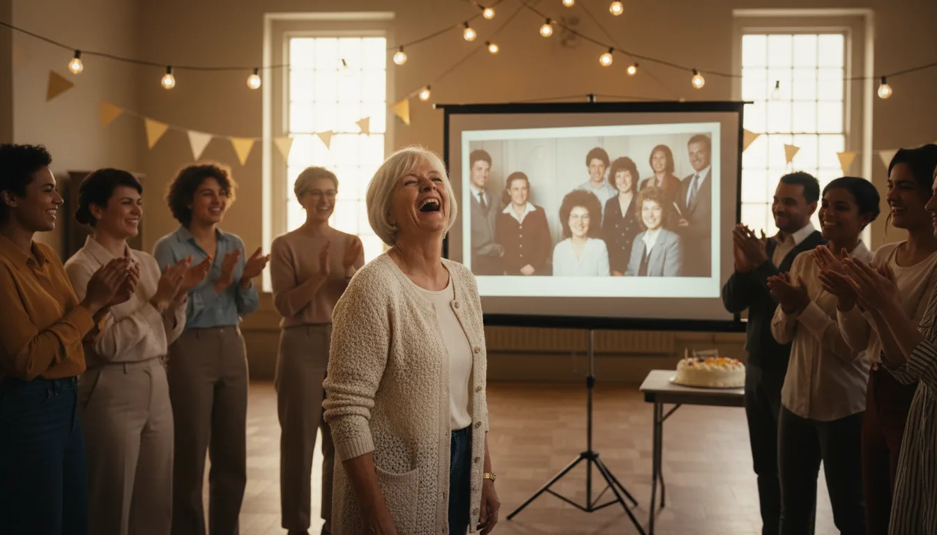 Retirement party watching a career-spanning photo video, honoree laughing