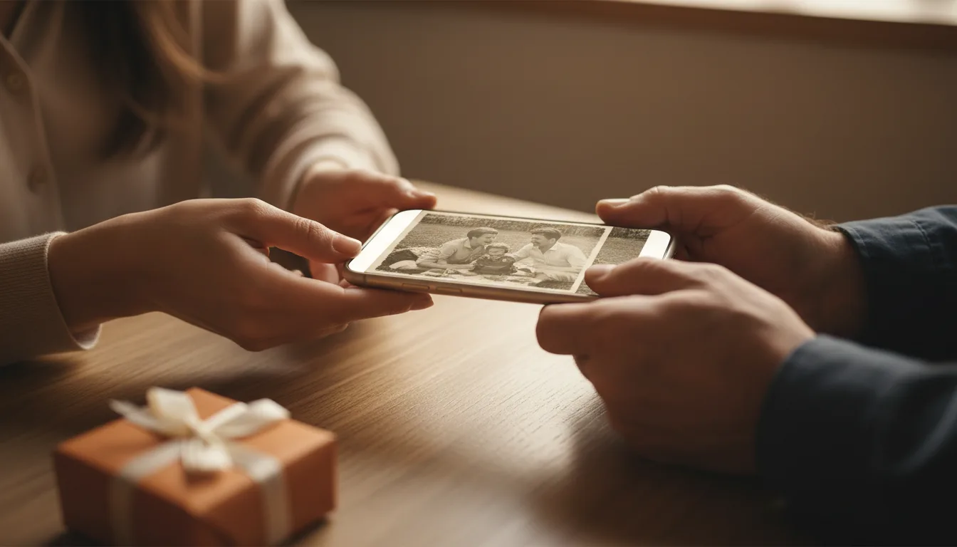 Hands presenting a phone playing an animated family memory video as a gift