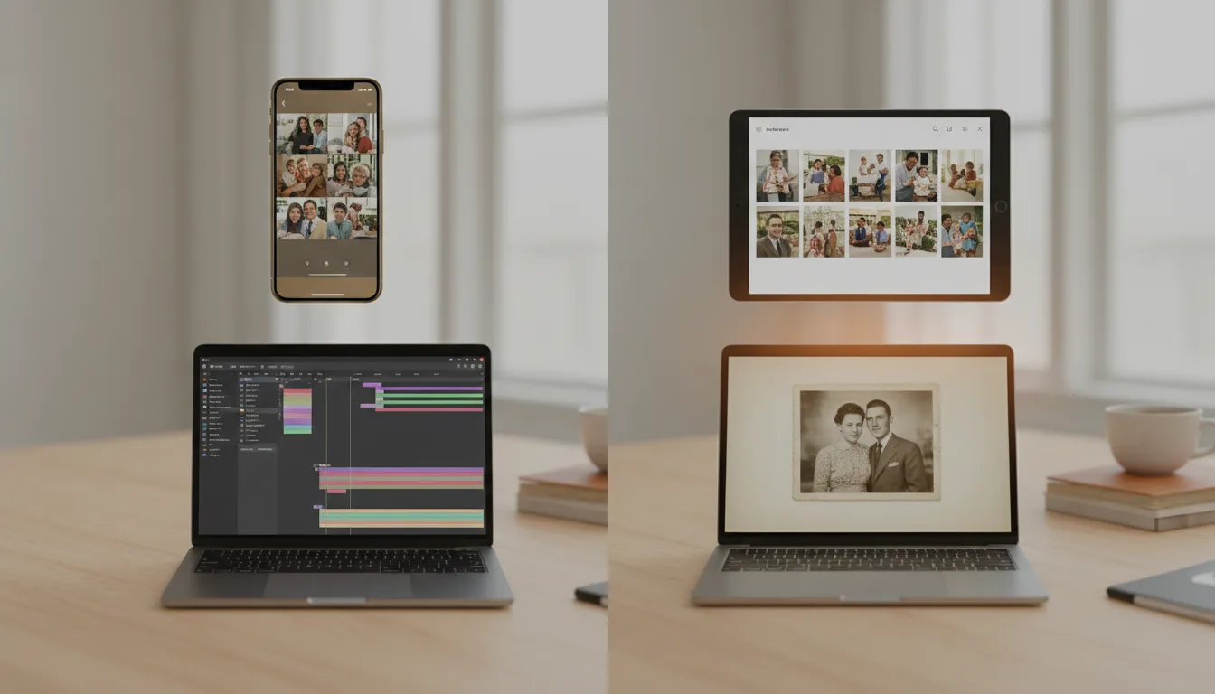 Four different devices showing four methods of turning photos into a video