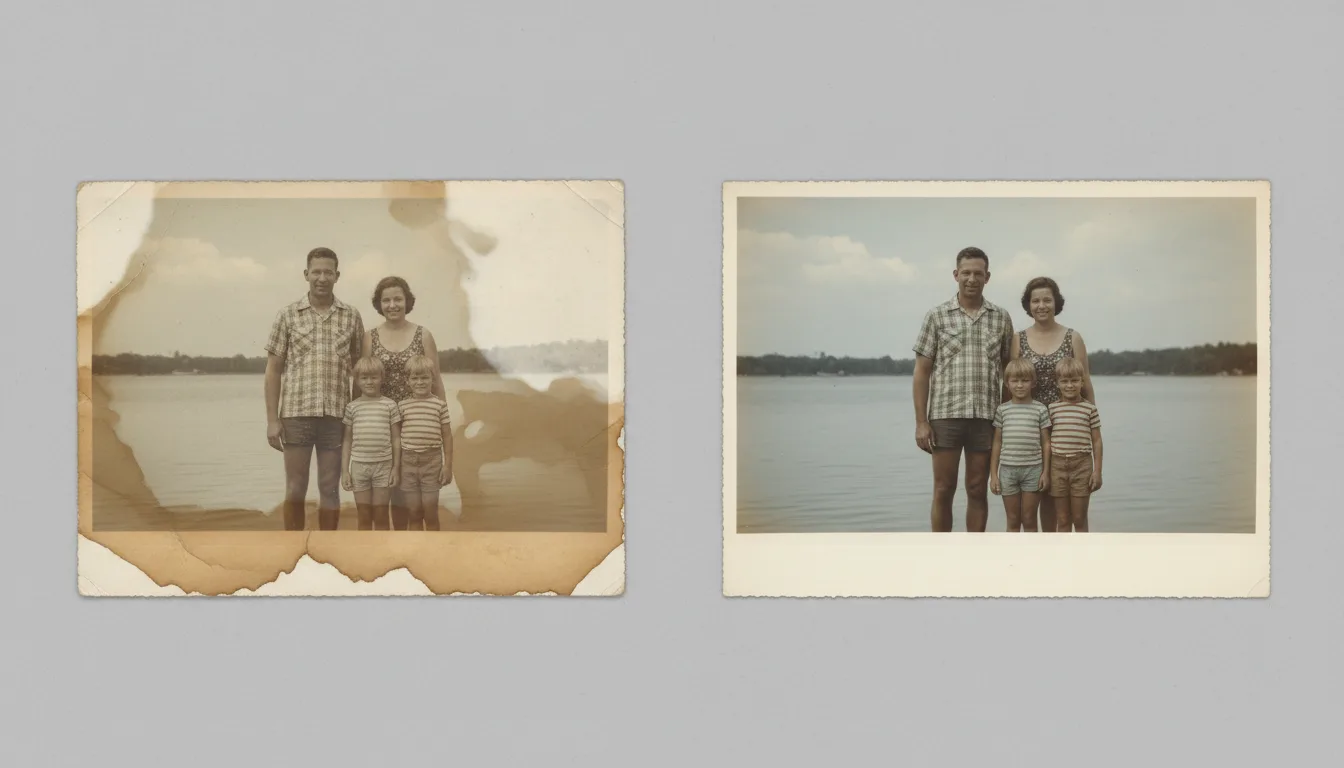 Water-stained photograph with tide lines restored to a clean image