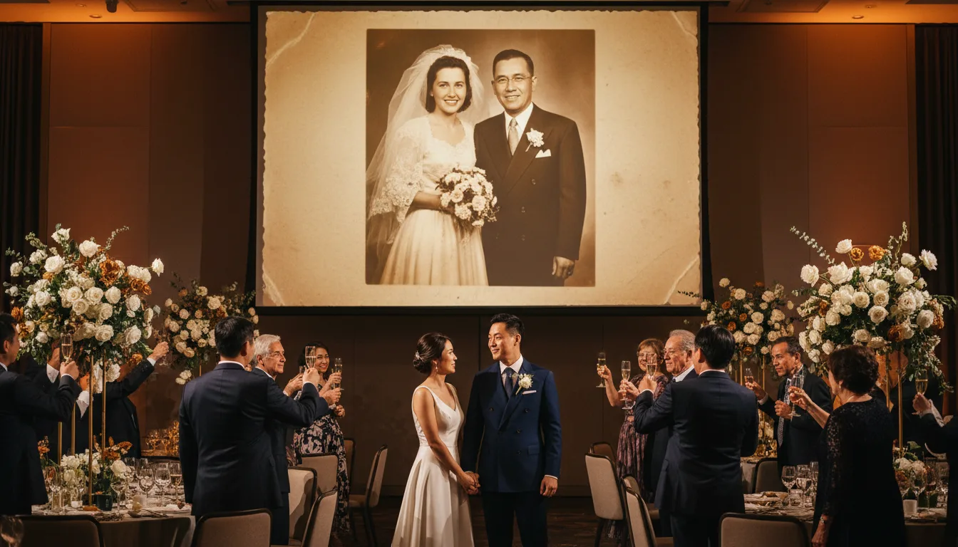 Wedding reception screen showing generations of restored wedding photos in motion